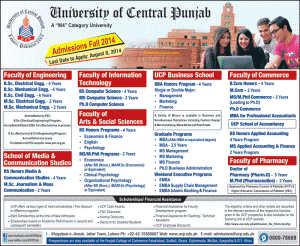 University of Central Punjab UCP Admission Notice 2014 for Doctor of Pharmacy (Pharm-D) & M.Phil Pharmaceutics