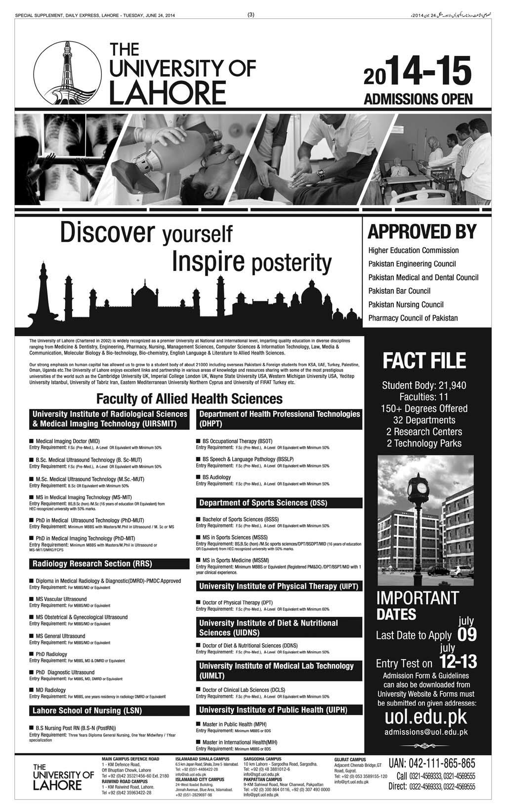 Doctor of Medical Laboratory Sciences (DMLS) 2 The University of Lahore (UOL) Admission Notice 2014