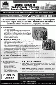 National Institute of Food Science and Technology Faisalabad Admission Notice 2014