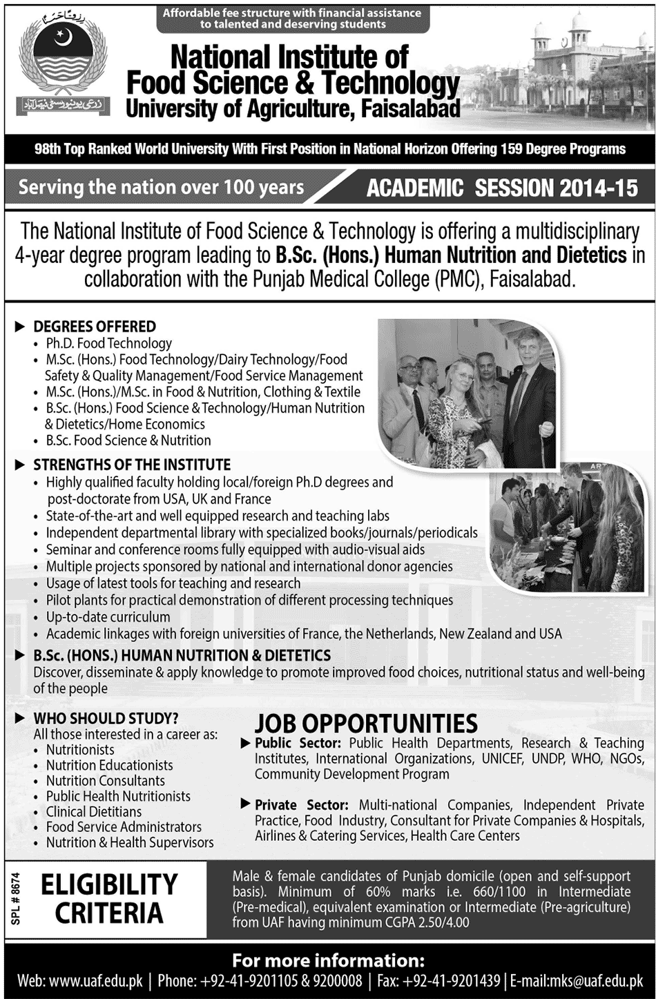National Institute of Food Science and Technology Faisalabad Admission Notice 2014