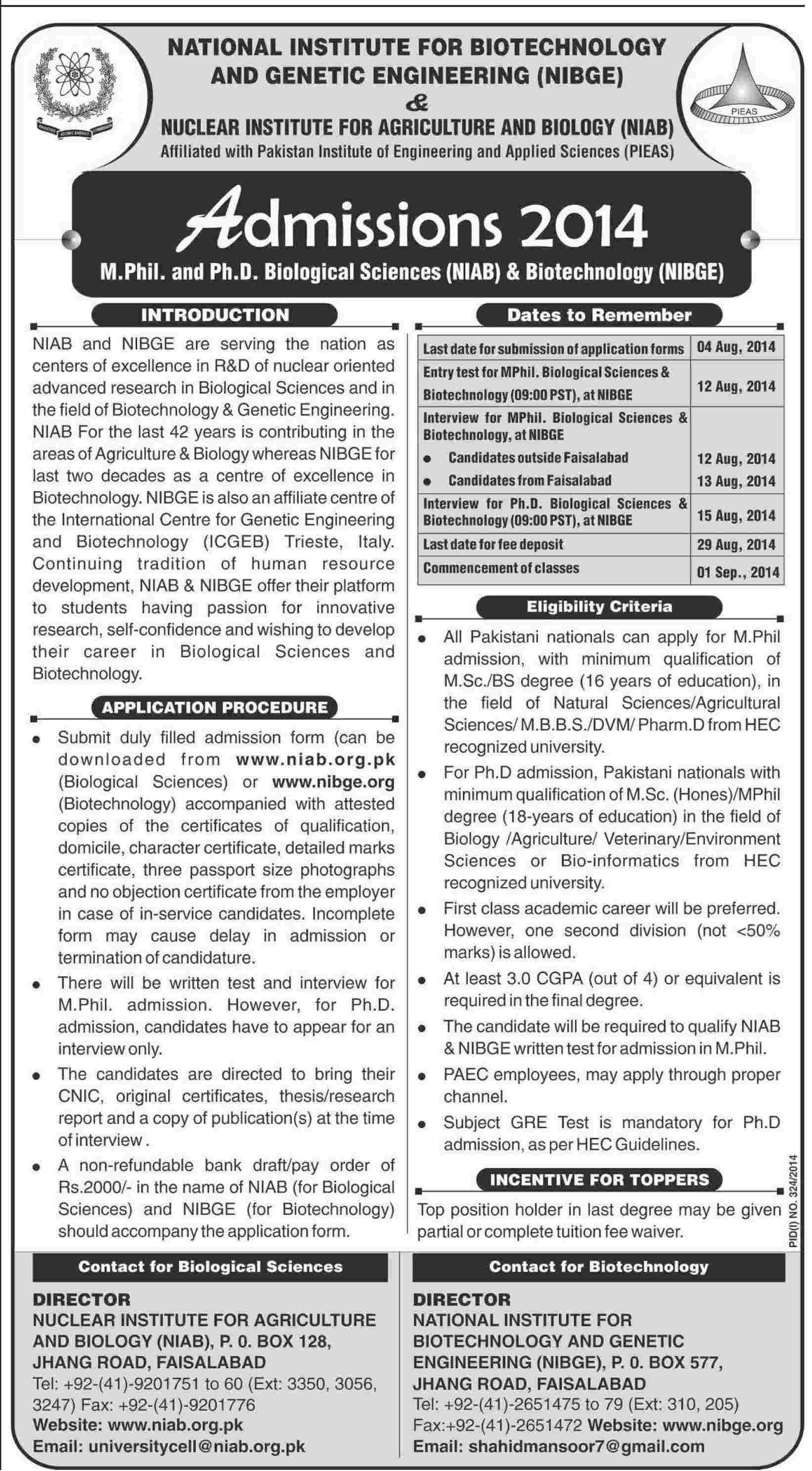 NIBGE & NIAB Faisalabad Admission Notice 2014