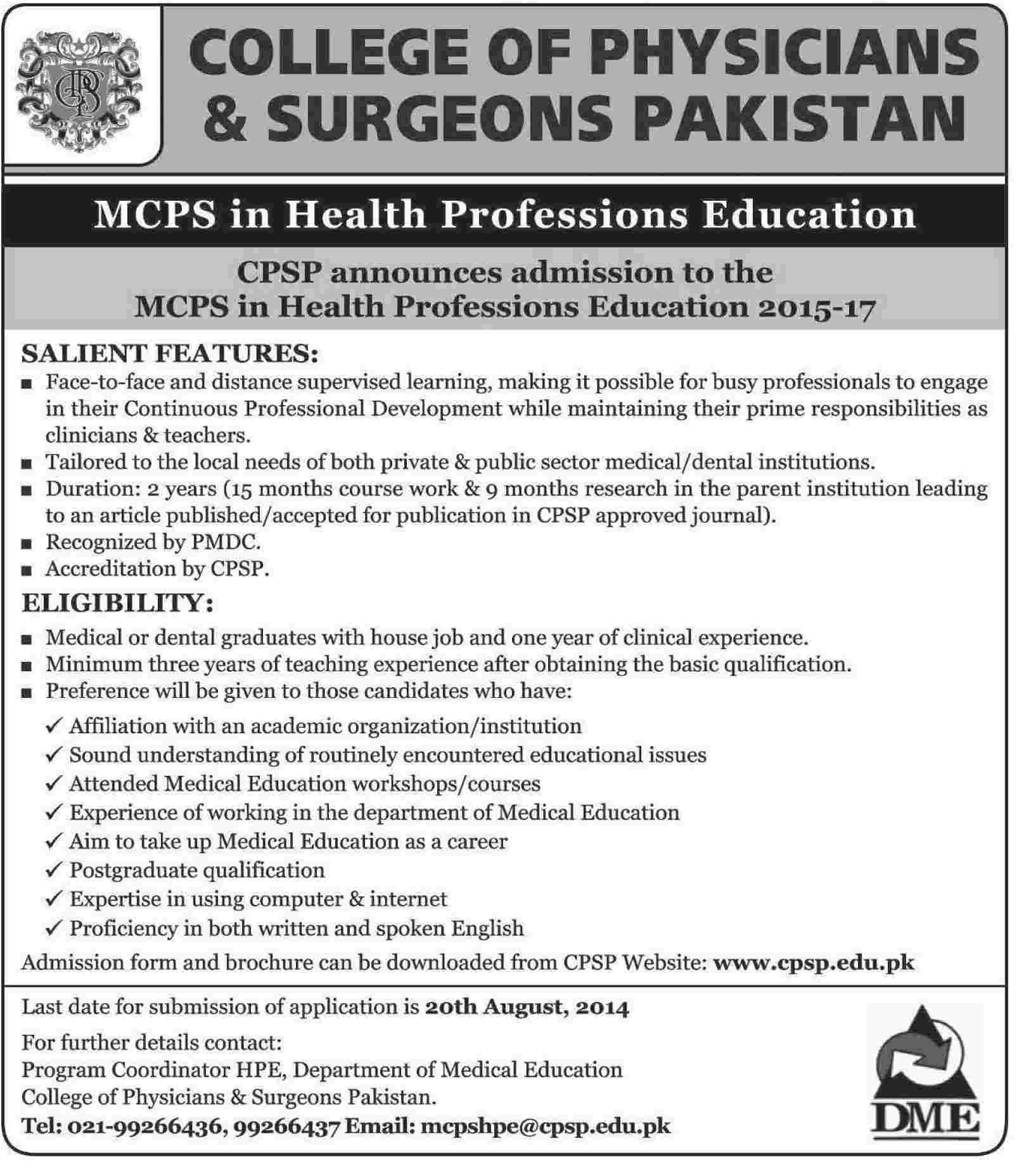 CPSP Admission Notice for MCPS in Health Professions Education 2015