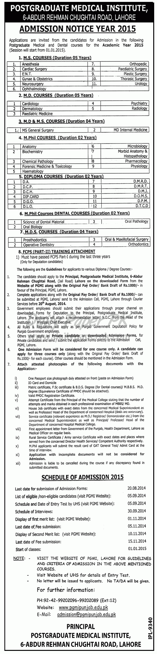 Postgraduate Medical Institute (PGMI) Lahore Admission Notice 2015 for MS / MD / MDS / M.Phil & Diploma Courses