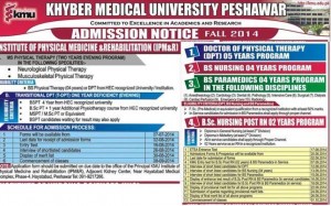 Khyber Medical University Peshawar DPT Admission Notice 2014