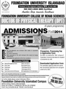 Foundation University Islamabad DPT Admission Notice 2014-2015 for Doctor of Physical Therapy (DPT)