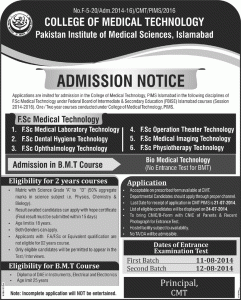 Pakistan Institute of Medical Sciences PIMS College of Medical Technology CMT Admission Notice 2014