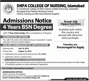 Shifa College of Nursing Islamabad Admission Notice 2014