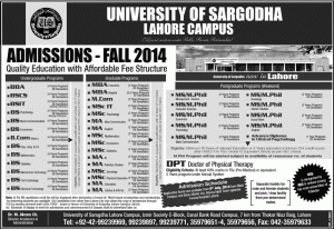 University of Sarghoda (UOS) Lahore Campus Admission Notice 2014-2015 for Doctor of Physical Therapy (DPT)