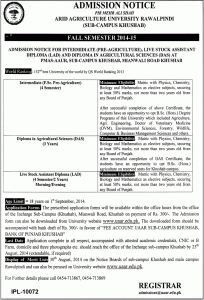 University of Arid Agriculture Rawalpindi Admission Notice 2014-2015 for Livestock Assistant Diploma (LAD) & Diploma in Agricultural Science (DAS)