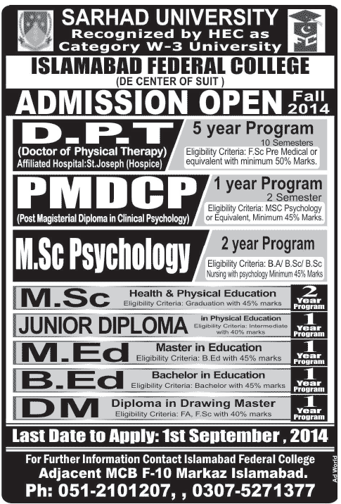 Islamabad Federal College Admission Notice 2014-2015 for Doctor of Physical Therapy (DPT)