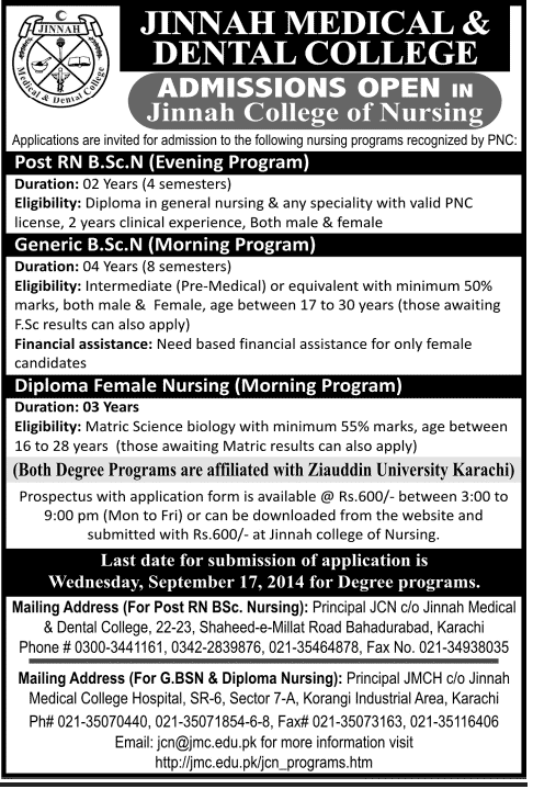 Jinnah Medical & Dental College, Jinnah College of Nursing Karachi Admission Notice 2014-2015 for Post RN BSCN, Generic BSCN, Diploma Female Nursing affiliated with Ziauddin University Karachi