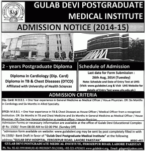 FCPS-II Training Admissions Diploma in Cardiology (Dip Card), Diploma in TB & Chest Disease (DTCD) in Gulab Devi Postgraduate Medical Institute Lahore