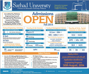 Sarhad University Peshawar Admission Notice 2014 for Doctor of Pharmacy (Pharm-D), BS Microbiology, BS Biotechnology & MPH