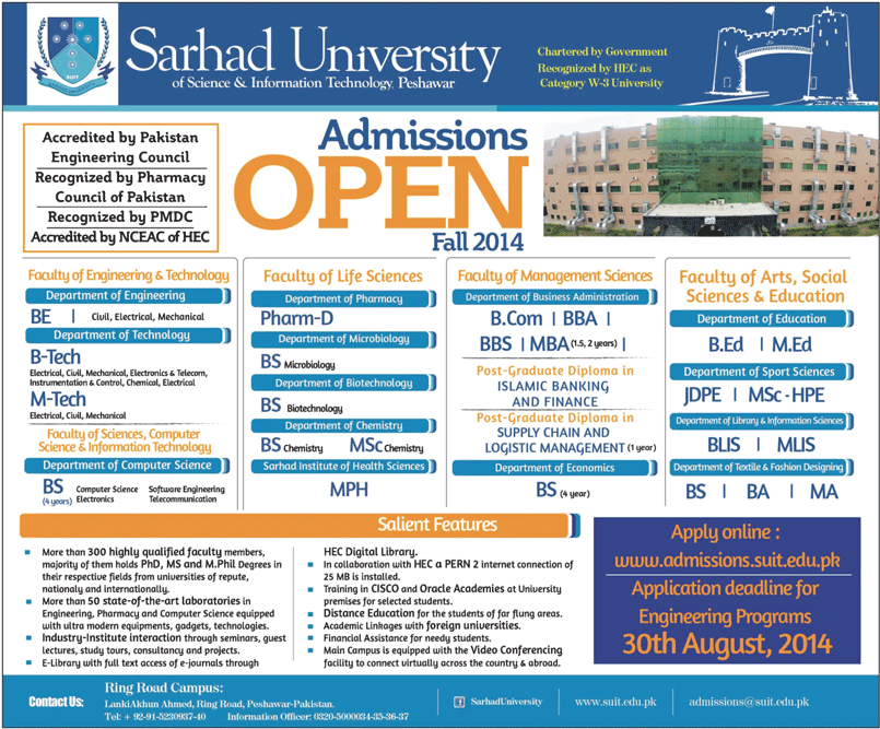 Sarhad University Peshawar Admission Notice 2014 for Doctor of Pharmacy (Pharm-D), BS Microbiology, BS Biotechnology & MPH