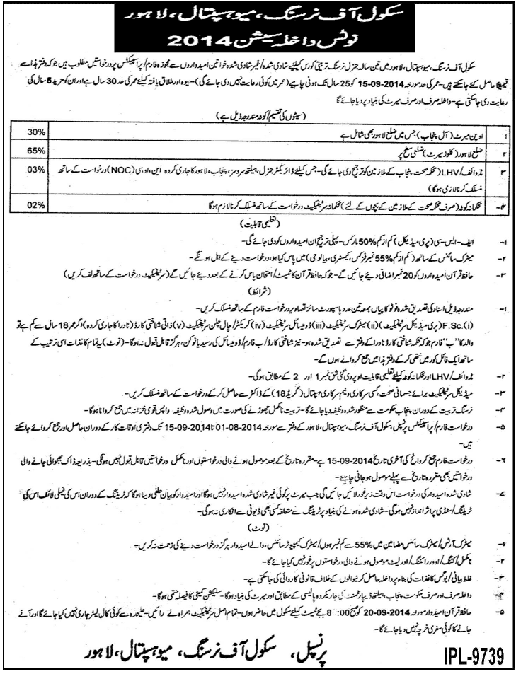 School of Nursing Mayo Hospital Lahore Admission Notice 2014 for General Nursing, Midwifery & LHV