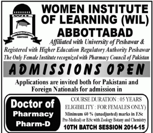 Women Institute of Learning (WIL) Abbottabad Admission Notice 2014 for Doctor of Pharmacy (Pharm-D)