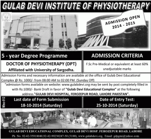 Ghulab Devi Institute of Physiotherapy Admission Notice 2014-2015 for Doctor of Physical Therapy (DPT)