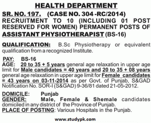 Assistant Physiotherapist jobs in Punjab Public Service Commission (PPSC) Lahore