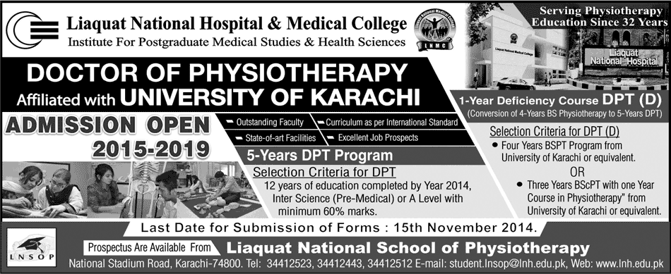 Liaquat National Hospital & Medical College Karachi, Liaquat National School of Physiotherapy Karachi Admission Notice 2014-2015 for Doctor of Physical Therapy (DPT)