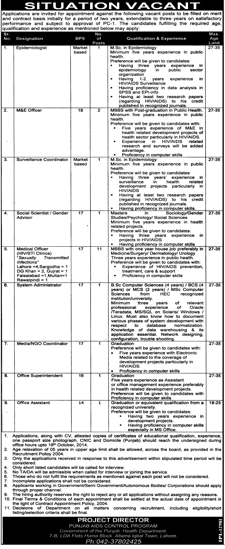 Medical Officers (HIV/STI Clinics), M&E Officer Jobs in Punjab AIDS Control Program (PACP) Lahore