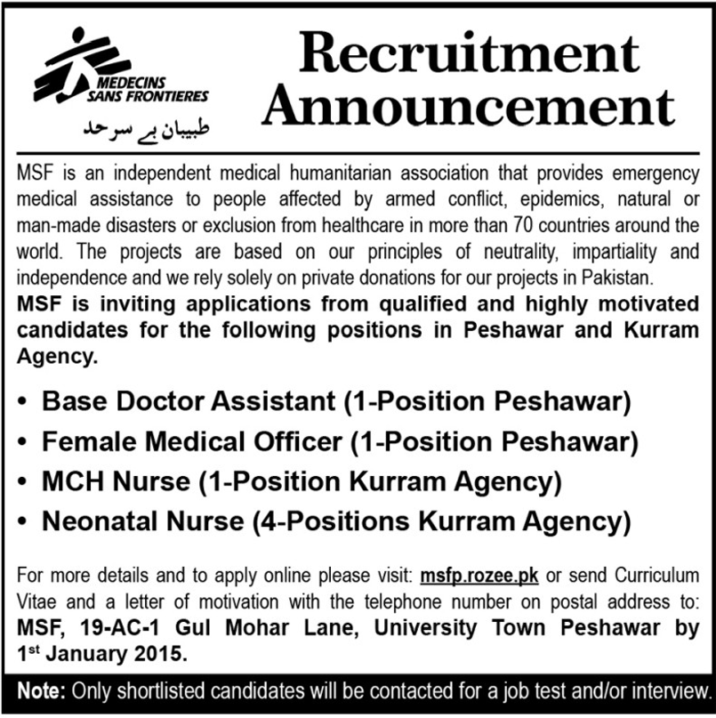 Female Medical Officer Jobs in Medecins Sans Frontieres Peshawar
