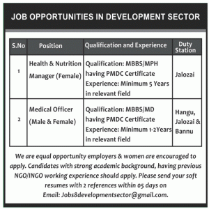Health & Nutrition Manager, Medical Officer jobs in Development Sector Bannu