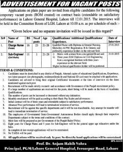 Charge Nurse Jobs in Lahore General Hospital (LGH) Lahore