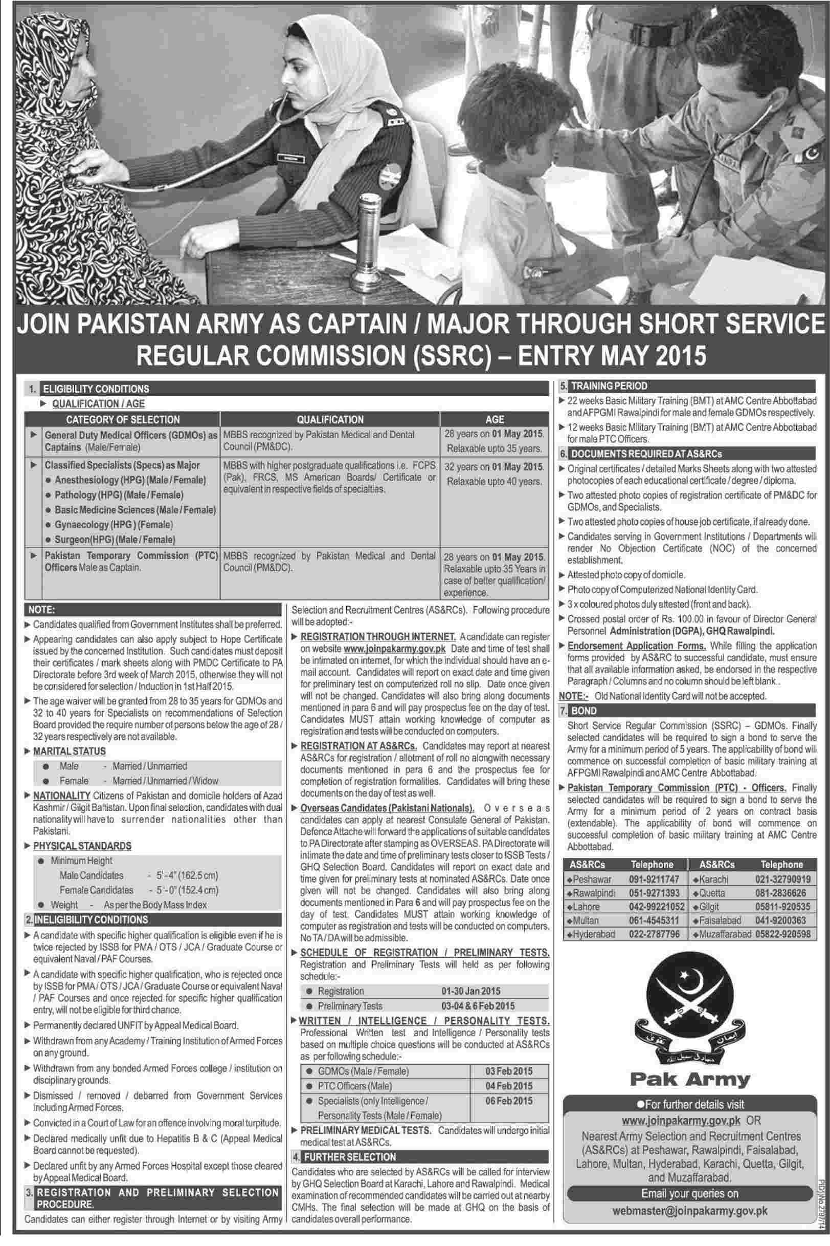 Join Pakistan Army As Captain / Major Through Short Service Regular Commission (SSRC) Entry May 2015