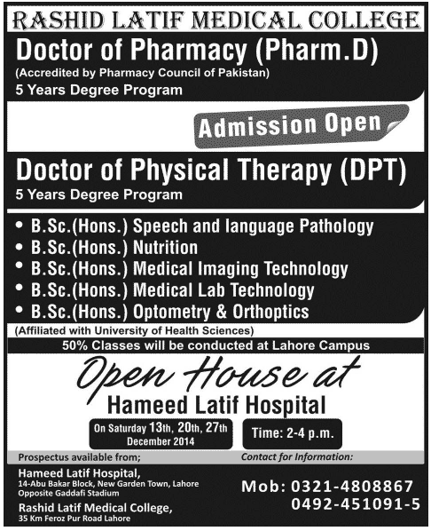 Rashid Latif Medical College Admission Notice 2015