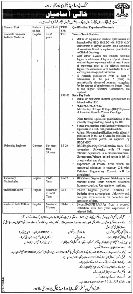 Medical Laboratory Technologist Jobs in King Edward Medical University (KEMU) Lahore