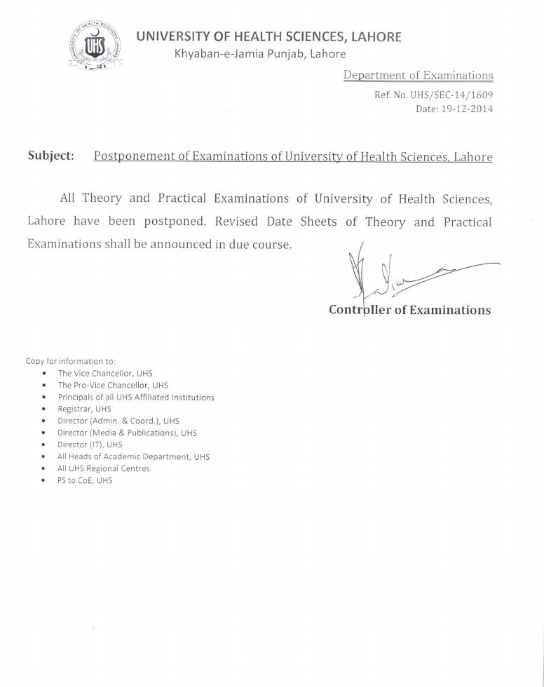 Postponement of Examinations of University of Health Sciences Lahore