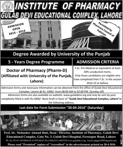 Gulab Devi Educational Complex Lahore Pharm-D Admission 2016