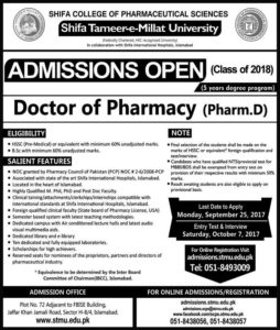 Shifa College of Pharmaceutical Sciences Pharm.D Admission 2018