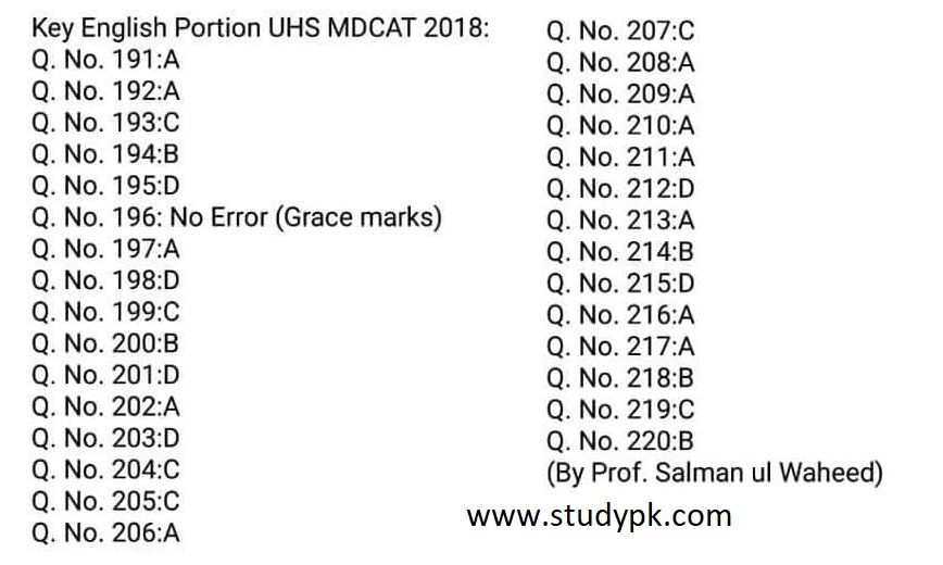 UHS MDCAT Answer Key 2018