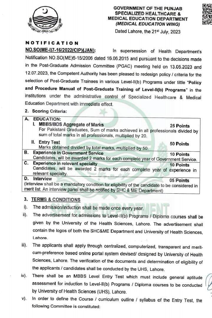 Eligibility Criteria for Postgraduate Training in Punjab Announced