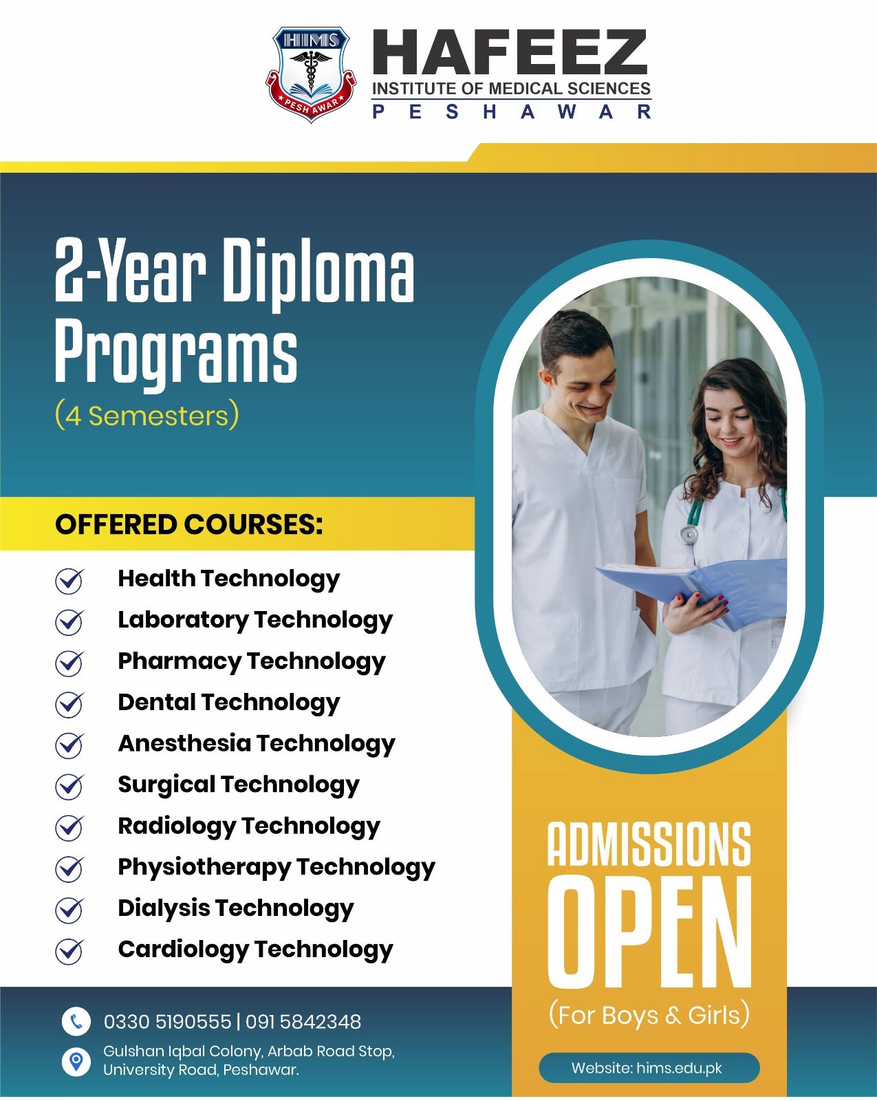 Hafeez Institute of Medical Sciences Peshawar Admission Open – 2-Year Diploma Programs 2026 1 Admission notice banner for 2-Year Diploma Programs at Hafeez Institute of Medical Sciences Peshawar