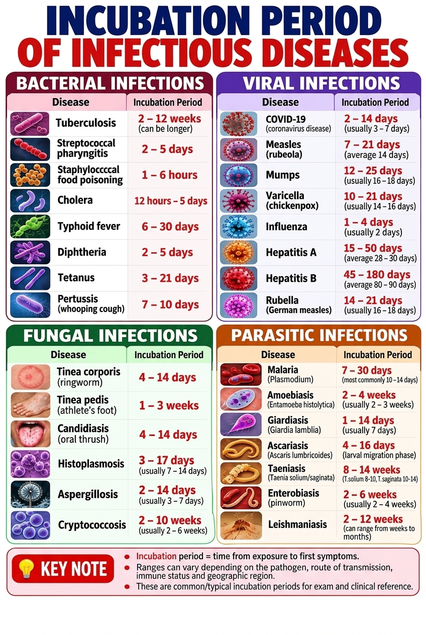 From Exposure to Symptoms: Understanding Incubation Periods for Bacterial, Viral, and Parasitic Infections 1 A color-coded medical reference table showing the time from exposure to symptoms for common bacterial, viral, fungal, and parasitic diseases, including incubation ranges for COVID-19, Influenza, and Typhoid fever.