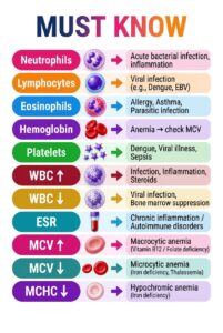 visual cheat sheet for medical professionals and students interpreting blood work, showing the clinical significance of Neutrophils, Lymphocytes, Eosinophils, Platelets, and red blood cell indices like MCV and MCHC in diagnosing various diseases.