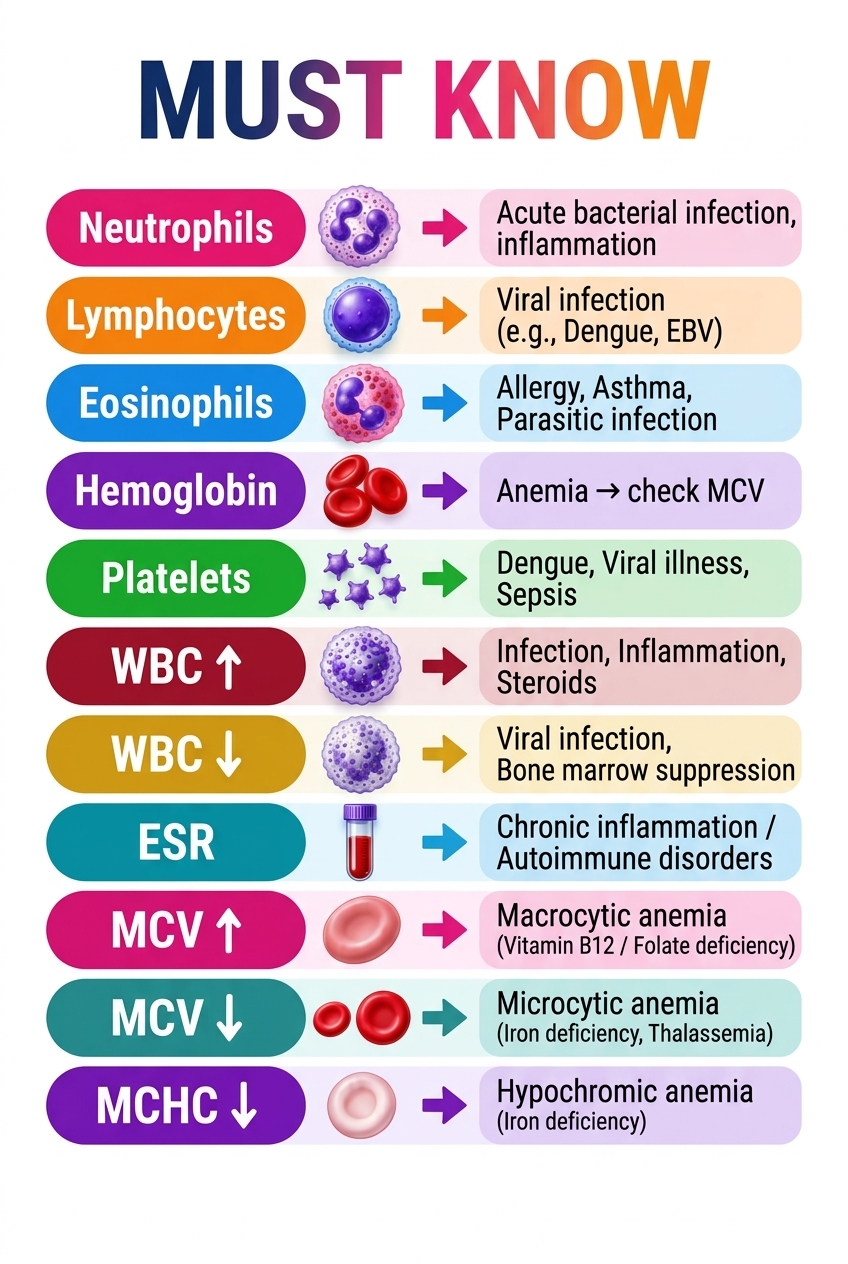  visual cheat sheet for medical professionals and students interpreting blood work, showing the clinical significance of Neutrophils, Lymphocytes, Eosinophils, Platelets, and red blood cell indices like MCV and MCHC in diagnosing various diseases.