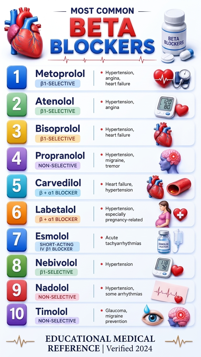 Beta Blocker Pharmacology Reference Guide 1 A color-coded medical chart summarizing common beta blockers, their specific drug classes, and indications. It highlights key drugs for hypertension and angina like Metoprolol and Atenolol, identifies pregnancy-safe Labetalol, and notes Timolol for glaucoma.