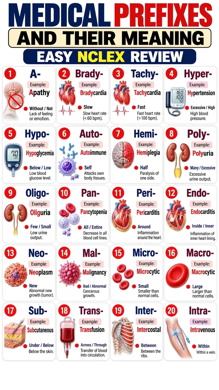 A color-coded nursing study guide detailing 20 common medical prefixes including Auto-, Hemi-, Oligo-, Pan-, Endo-, and Intra-. Each prefix features its definition alongside a clinical example and a medical illustration, such as Polyuria, Microcytic cells, and Pericarditis.
